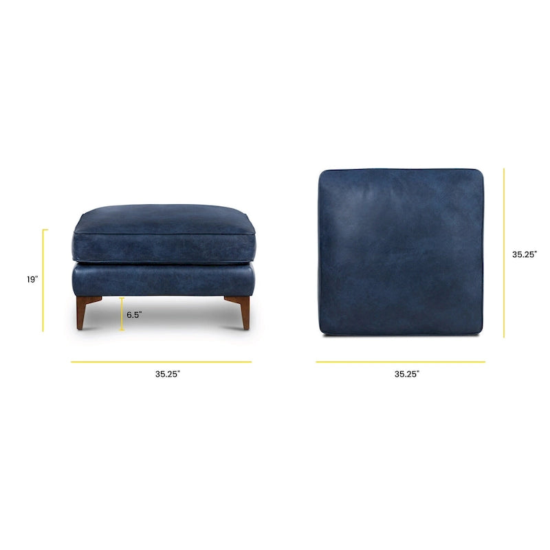 Full-Grain Italian Leather Ottoman with Feather Down Topper & Walnut Legs