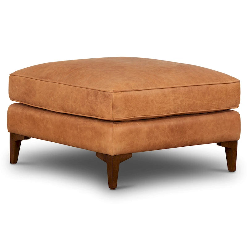 Full-Grain Italian Leather Ottoman with Feather Down Topper & Walnut Legs