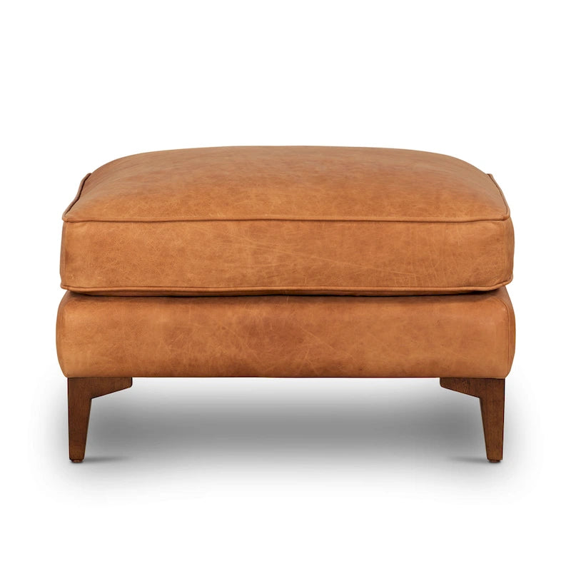 Full-Grain Italian Leather Ottoman with Feather Down Topper & Walnut Legs