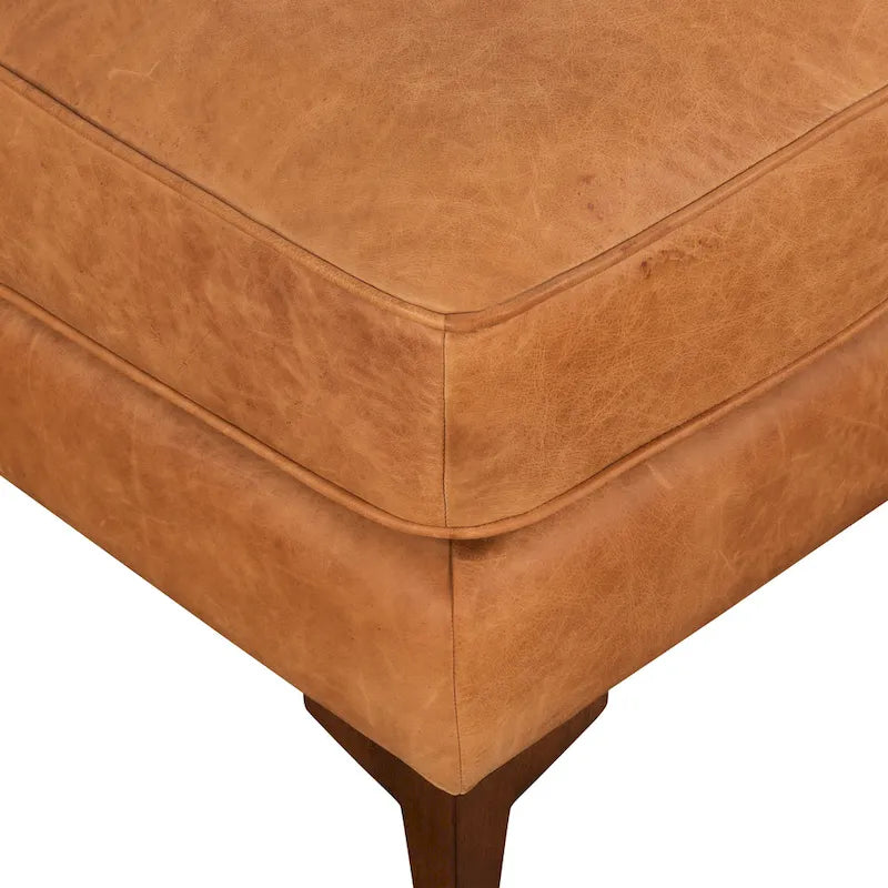 Full-Grain Italian Leather Ottoman with Feather Down Topper & Walnut Legs