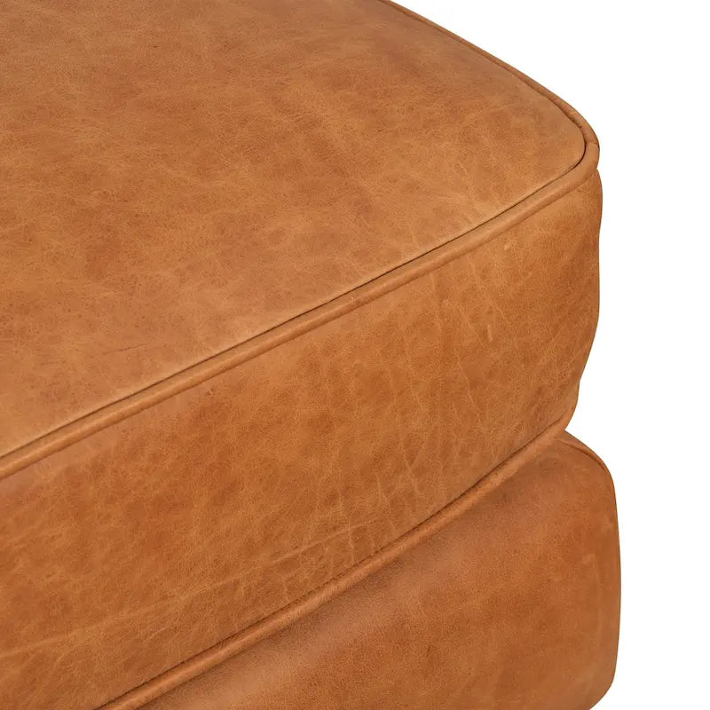 Full-Grain Italian Leather Ottoman with Feather Down Topper & Walnut Legs