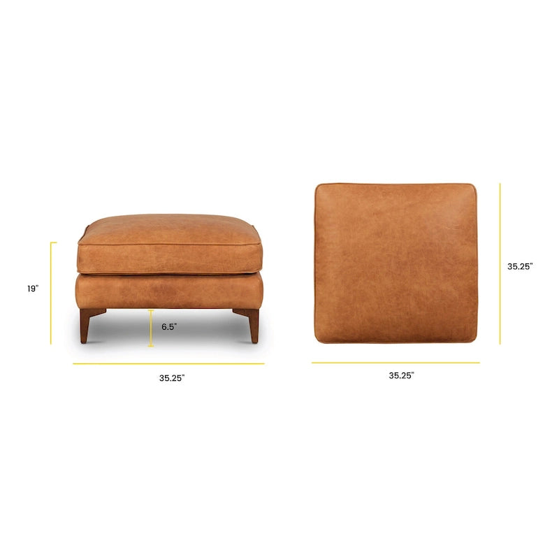 Full-Grain Italian Leather Ottoman with Feather Down Topper & Walnut Legs
