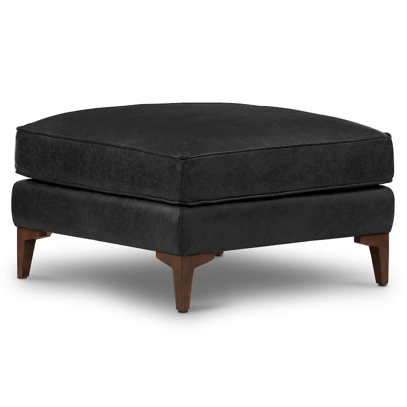 Full-Grain Italian Leather Ottoman with Feather Down Topper & Walnut Legs