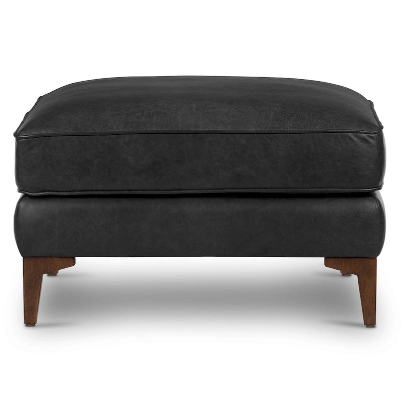Full-Grain Italian Leather Ottoman with Feather Down Topper & Walnut Legs