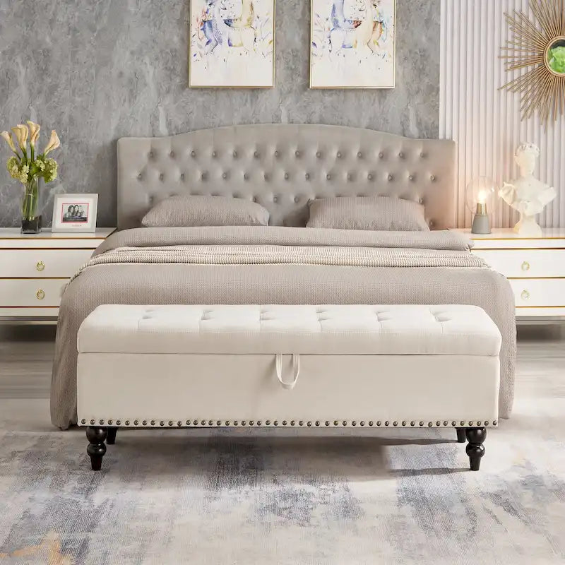 59" Upholstered Storage Bench with Button Tufting & Solid Wood Legs