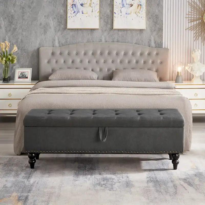 59" Upholstered Storage Bench with Button Tufting & Solid Wood Legs