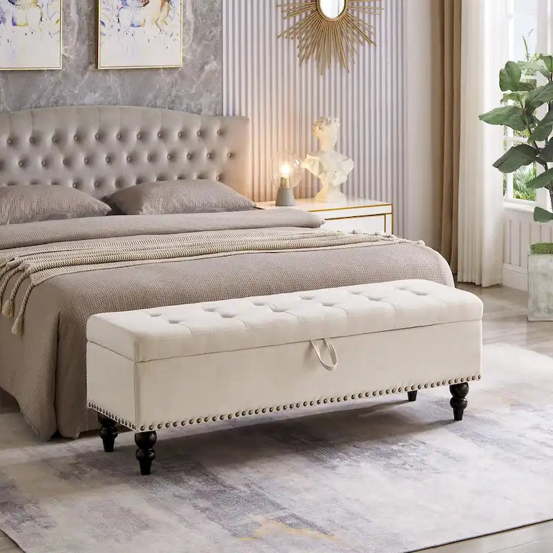 59" Upholstered Storage Bench with Button Tufting & Solid Wood Legs