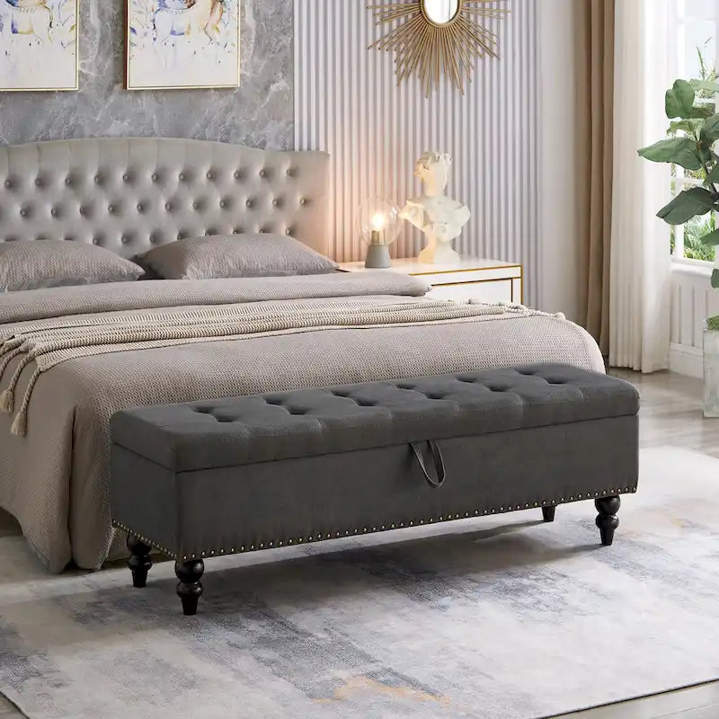 59" Upholstered Storage Bench with Button Tufting & Solid Wood Legs