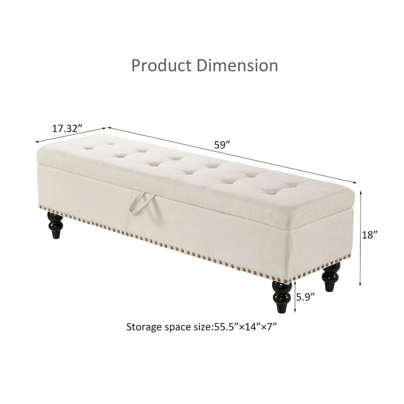 59" Upholstered Storage Bench with Button Tufting & Solid Wood Legs