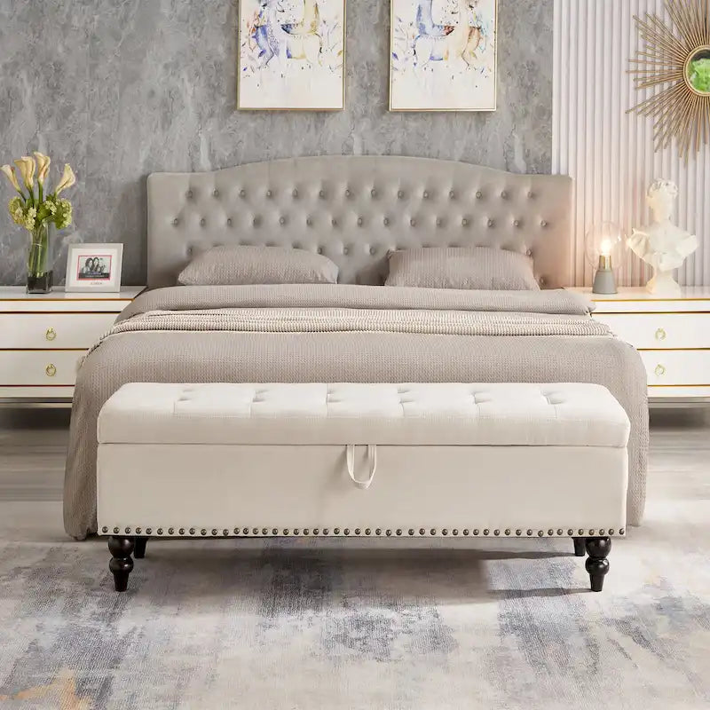 59" Upholstered Storage Bench with Button Tufting & Solid Wood Legs