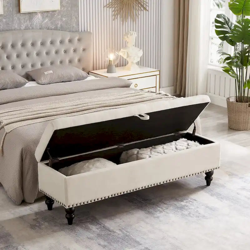 59" Upholstered Storage Bench with Button Tufting & Solid Wood Legs