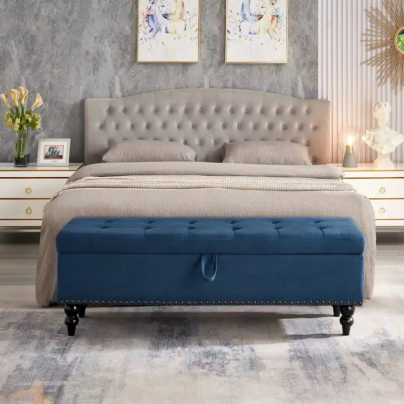 59" Upholstered Storage Bench with Button Tufting & Solid Wood Legs