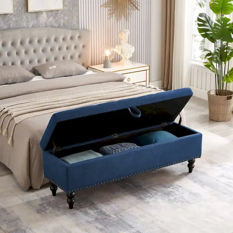 59" Upholstered Storage Bench with Button Tufting & Solid Wood Legs