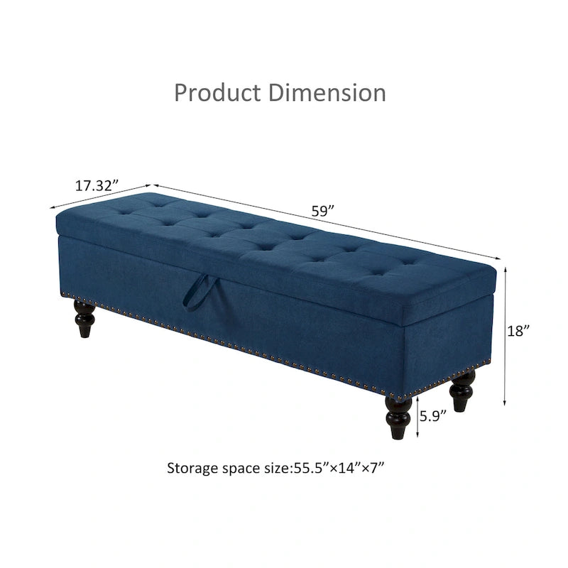 59" Upholstered Storage Bench with Button Tufting & Solid Wood Legs