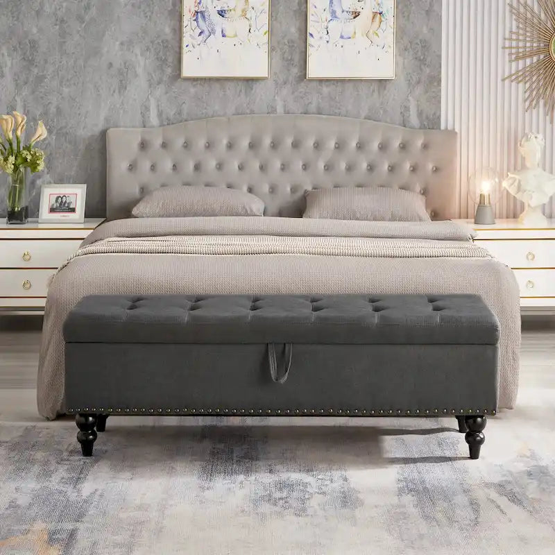 59" Upholstered Storage Bench with Button Tufting & Solid Wood Legs