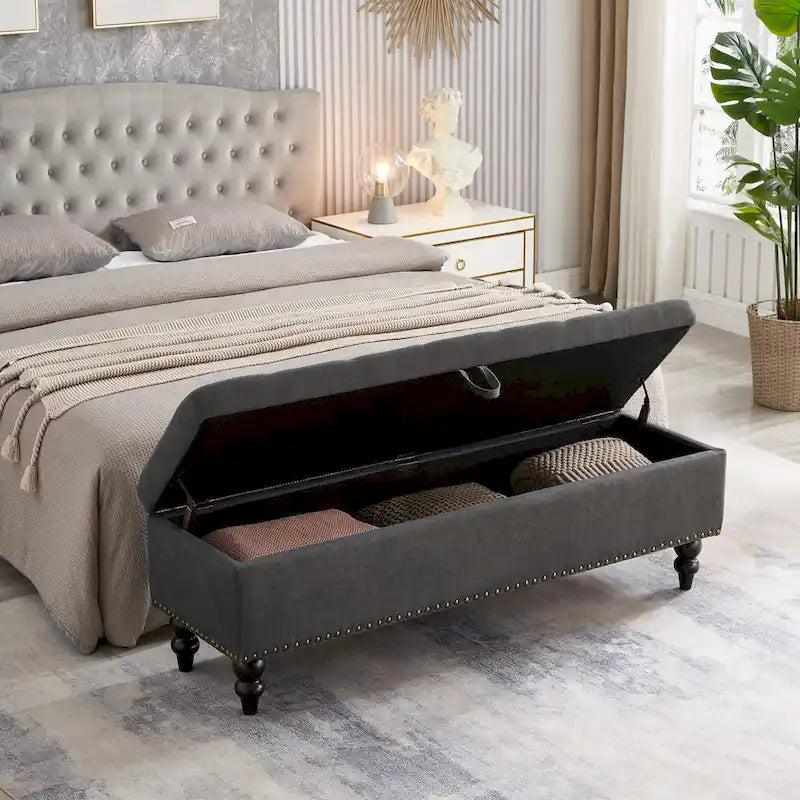 59" Upholstered Storage Bench with Button Tufting & Solid Wood Legs