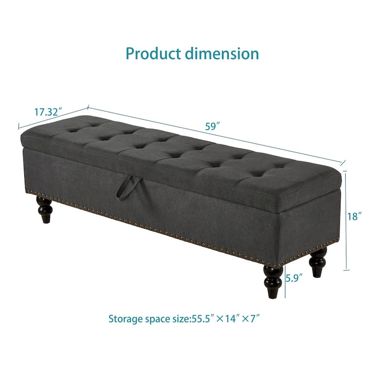 59" Upholstered Storage Bench with Button Tufting & Solid Wood Legs