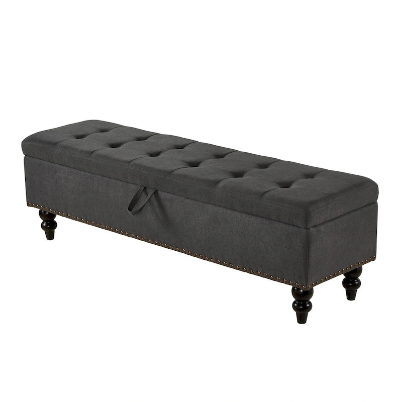 59" Upholstered Storage Bench with Button Tufting & Solid Wood Legs