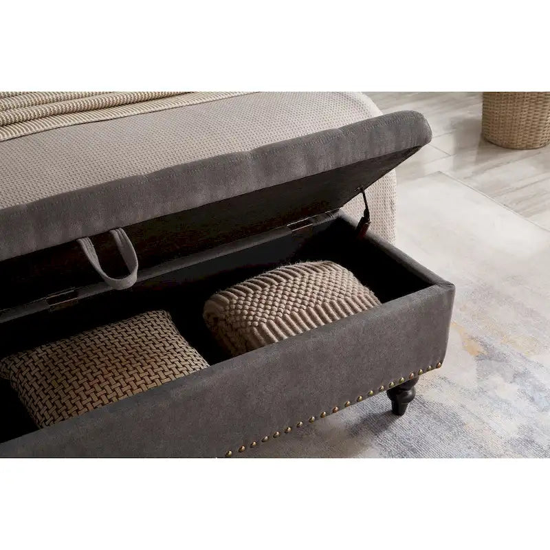 59" Upholstered Storage Bench with Button Tufting & Solid Wood Legs