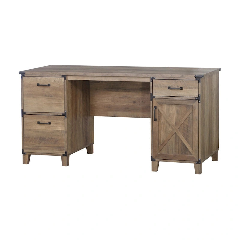 Farmhouse Executive Desk with File Drawers, Cabinet & X-Cross Door Detail