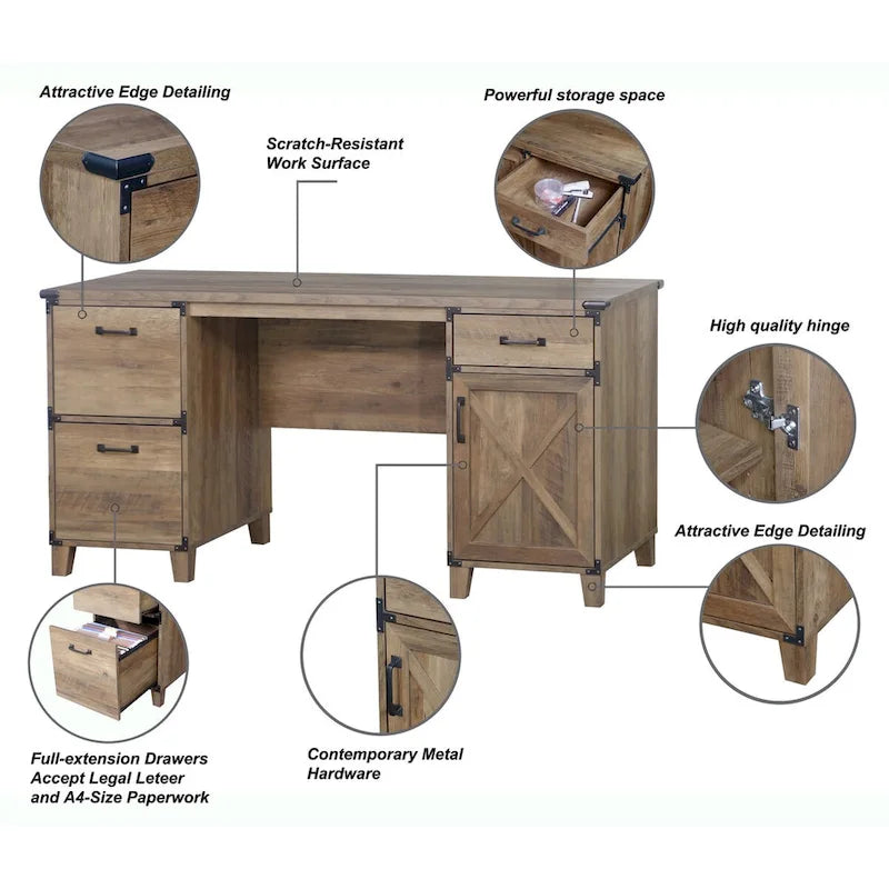 Farmhouse Executive Desk with File Drawers, Cabinet & X-Cross Door Detail