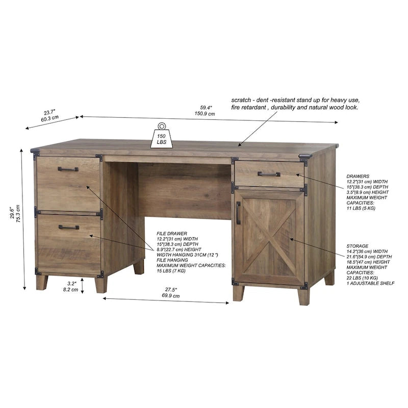 Farmhouse Executive Desk with File Drawers, Cabinet & X-Cross Door Detail