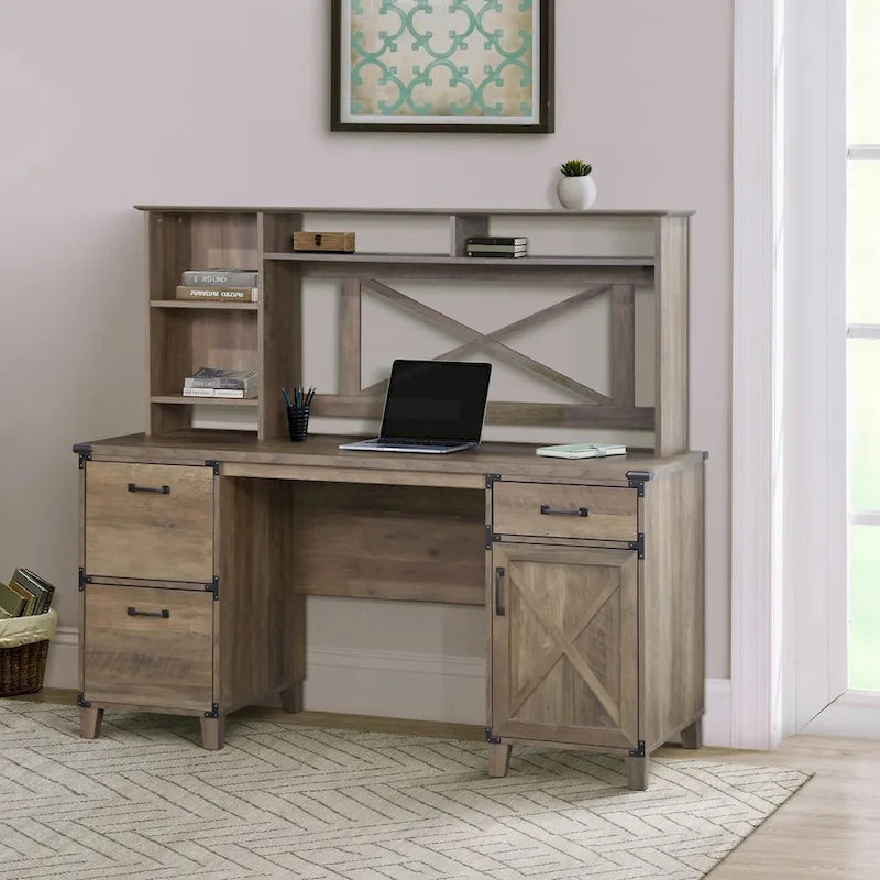 Farmhouse Executive Desk with File Drawers, Cabinet & X-Cross Door Detail
