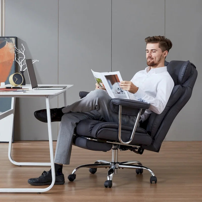 High-Back Leather Office Chair with Footrest & Adjustable Recline, 400 lbs Capacity
