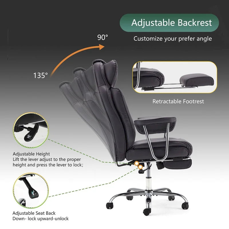 High-Back Leather Office Chair with Footrest & Adjustable Recline, 400 lbs Capacity