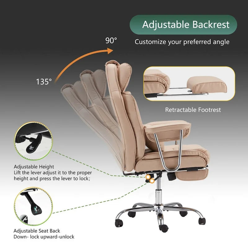 High-Back Leather Office Chair with Footrest & Adjustable Recline, 400 lbs Capacity