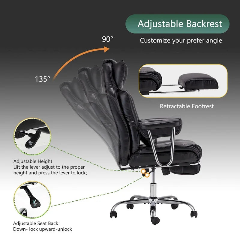 High-Back Leather Office Chair with Footrest & Adjustable Recline, 400 lbs Capacity