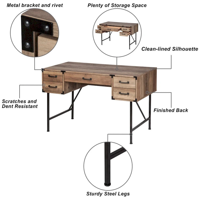 Modern Farmhouse Writing Desk with 5 Drawers & Black Metal Legs, 47 Inch