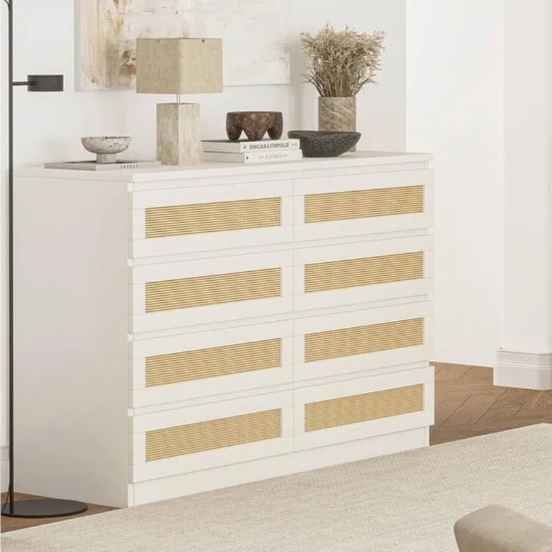 8-Drawer Rattan Weave Dresser with Wide Wooden Top