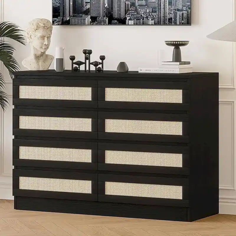 8-Drawer Rattan Weave Dresser with Wide Wooden Top