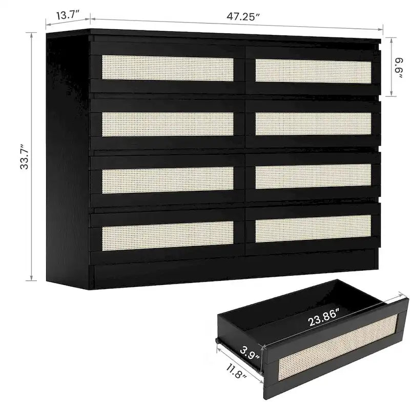 8-Drawer Rattan Weave Dresser with Wide Wooden Top