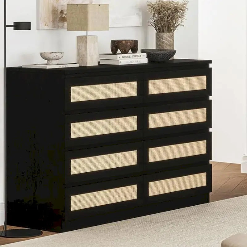 8-Drawer Rattan Weave Dresser with Wide Wooden Top