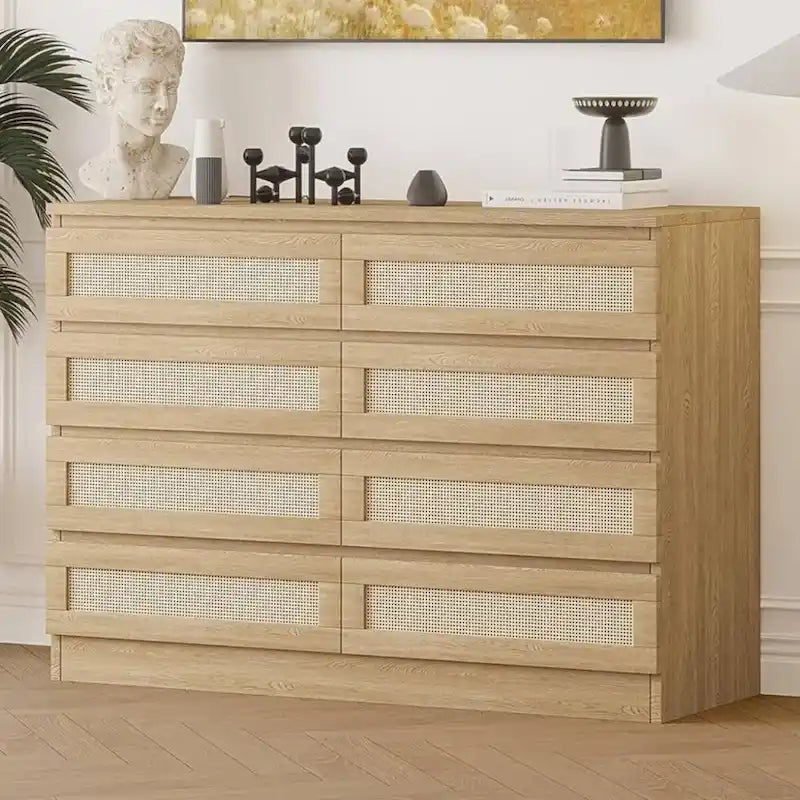 8-Drawer Rattan Weave Dresser with Wide Wooden Top