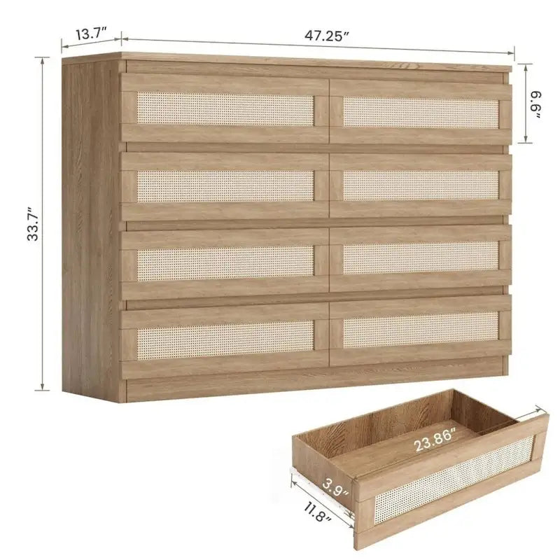 8-Drawer Rattan Weave Dresser with Wide Wooden Top