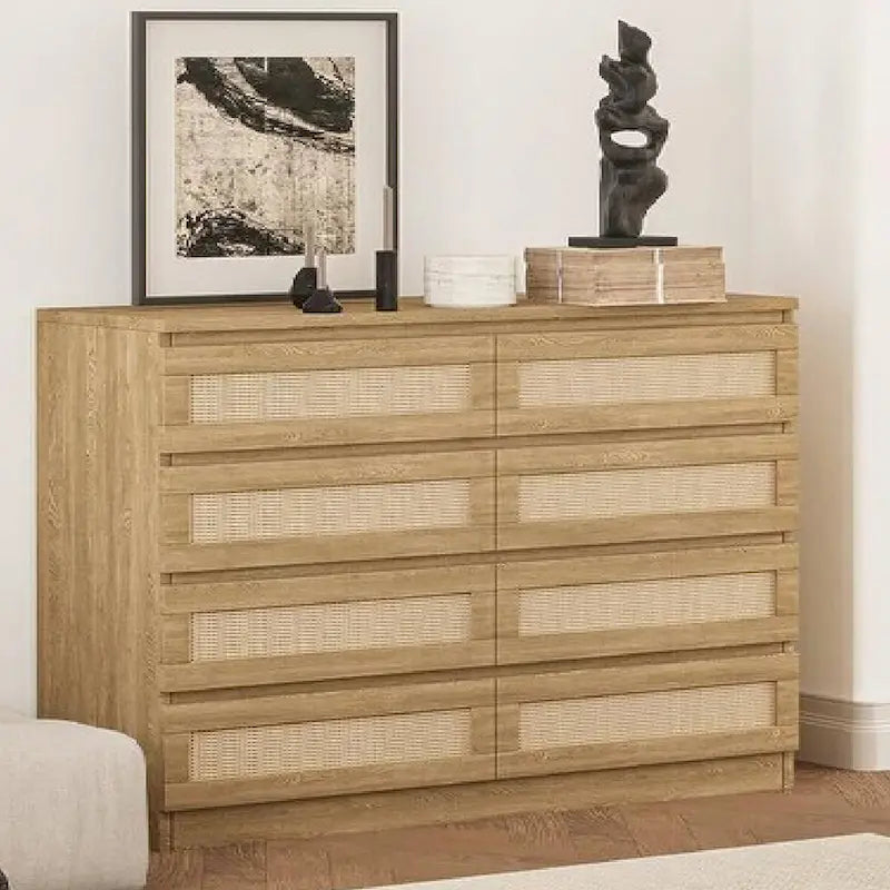 8-Drawer Rattan Weave Dresser with Wide Wooden Top