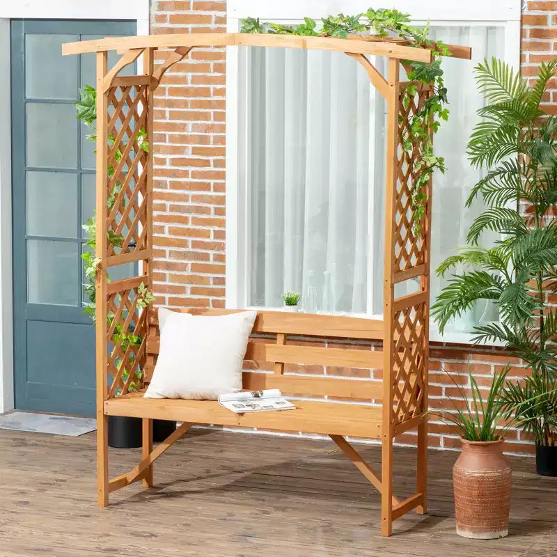 Banc de jardin Outsunny avec arche pergola et 2 treillis, banc extérieur 3 places en bois naturel pour vignes et plantes grimpantes